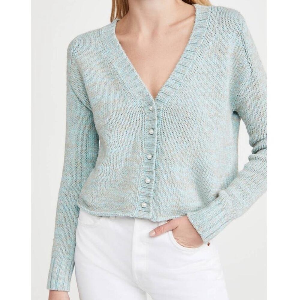 Dannijo L Cropped Cardigan With Pearl Buttons in Blue & Grey Heather